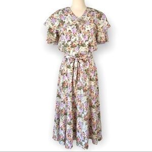 Vintage 80s Plaza South Floral Ruffle Tie Waist Midi Dress